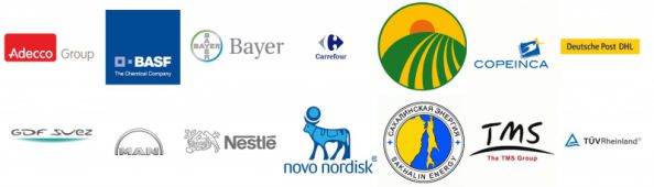 Adecco, BASF, Bayer, Carrefour, Camposol, Copeinca, Deutsche Post, 
GDF Suez, MAN, Nestlé, Novo Nordisk, Sakhalyn, TMS, TÜV